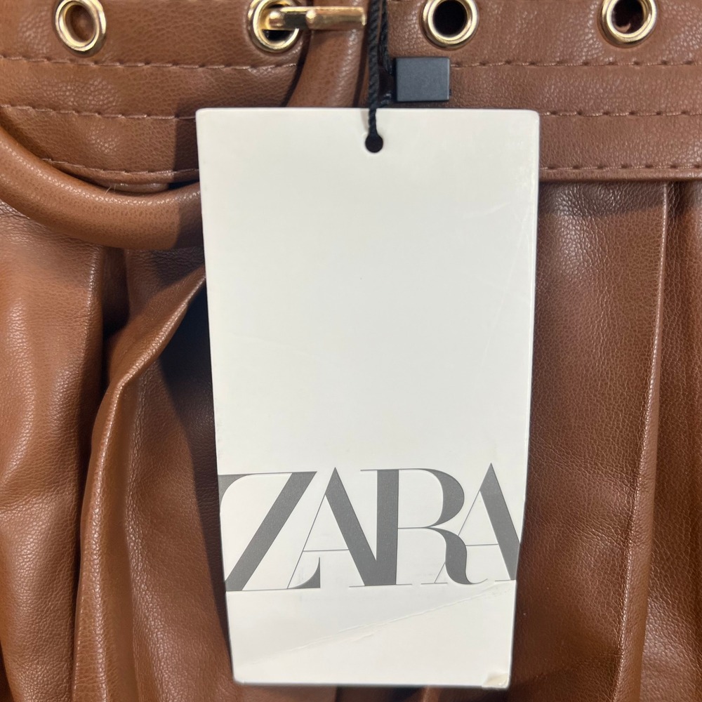 Zara Pleated Faux Leather Mini Skirt Womens L Brown Belted Tiered NWT - Picture 2 of 11